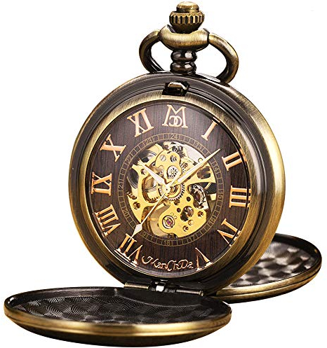 ManChDa Reloj de Bolsillo Antiguo Mecánico Automático/Cuerda Manual Bronce Tren Tren de Vapor Números de Rumanía 3D para Hombres Mujeres con Cadena + Caja de Regalo (1. MPH012)