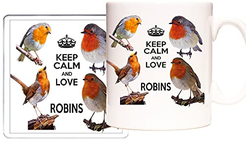 KAZMUGZ Robin Mug and Coaster Set, Keep Calm and Love Robins. Gift for Birthdays, Easter, Christmas or Any Other Celebration. Robin Red Breast Gift Set