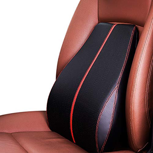 Ergocar Posture Therapy Memory Foam Lumbar Cushion & Neck Pillow - Breathable PU Leather Back Support Cushion, Lumbar Support Pillow, Back Cushion For Home, Office, Car, Travel - Black-Red