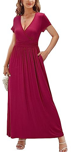 OUGES Women's Summer Casual V Neck Short Sleeve Wrap Ladies Maxi Long Dress with Pockets(Wine394,S)
