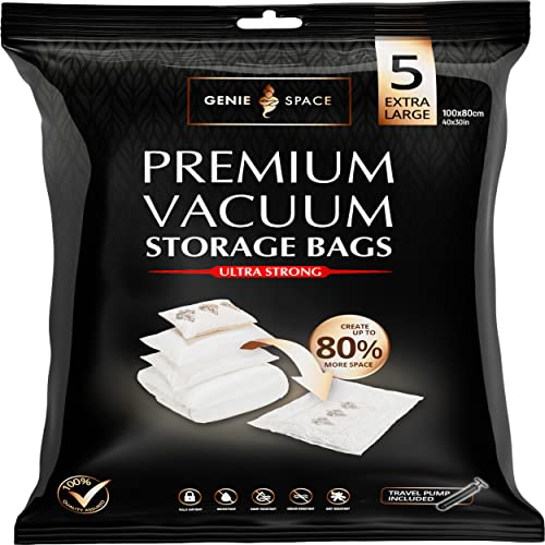 GENIE SPACE - Unglaublich starke, platzsparende Premium-Vakuumtaschen zur Aufbewahrung | 5 x EXTRA LARGE (100x80cm) | Luftdicht & wiederverwendbar | Erstellen Sie 80% mehr Platz | Für Kleidung usw.
