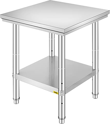 VEVOR Arbeitstisch Küche Edelstahl 60 x 60 x 80 cm, Arbeitsplatte in 2 Etagen, Küchentisch aus Edelstahl für die Zubereitung von Speisen, Hotels, Büros