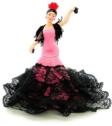 Folk Artesanía Gala Porzellanpuppe 18 cm. Andalusisches Flamenco-Regionalkleid mit Blume España Dolls. (Pinkes Kleid)