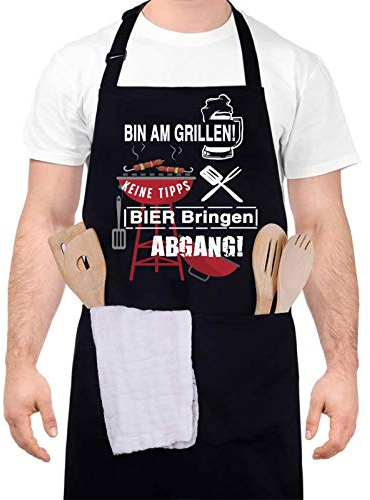 upain Grillschürze für Männer Lustig Schürze Kochschürze Baumwoll Küchenschürze Verstellbarem Nackenband Zwei Fronttaschen für Herren Papa Opa-Bin am Grillen! Keine Tipps! Bier bringen ABGANG