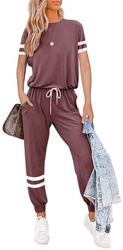 Completi Donna Sportivi 2 Pezzi Tute da Ginnastica Tops Manica Corta/Pantaloni per Casual Jogging Fitness Yoga Casa Pigiama Set (Vino Rosso, XL)