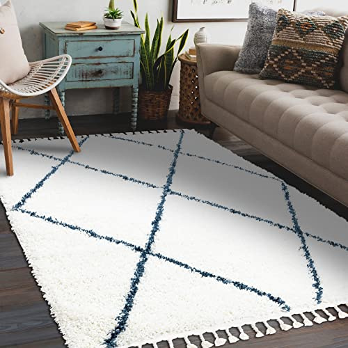 rugsx Teppich Union Gitter Creme/blau Franse Berber marokkanisch Shaggy 140x190 cm