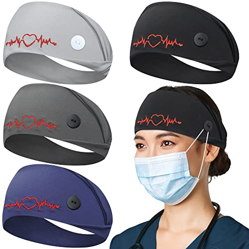 HoogaLife Lot de 4 bandeaux avec boutons, cadeau d'infirmière pour femme, turban antidérapant, accessoires infirmières, bandeaux d'allaitement pour protéger vos cheveux et oreilles - EKG