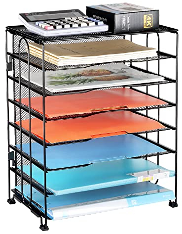 Univivi Desk Tidy Organiser, 7-Tier Mesh Desk Organiser, Letter Tray Paper File Organiser Magazine Rack/Screws Free Design, Home Office Accessories for Desk Storage - Black