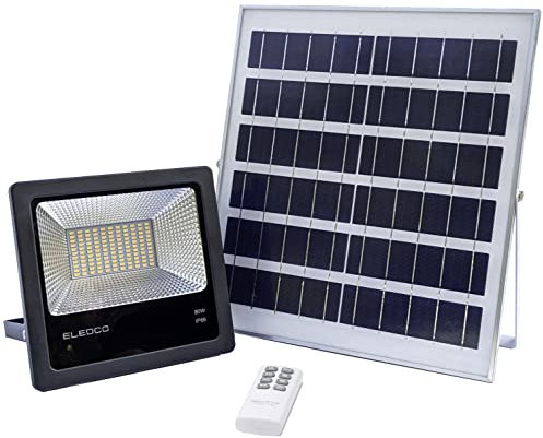 ELEDCO Lampe Solaire 80W Led, Panneau Solaire, Batterie, Télécommande, Projecteur Solaire Autonomie 8-15 Heures, IP66