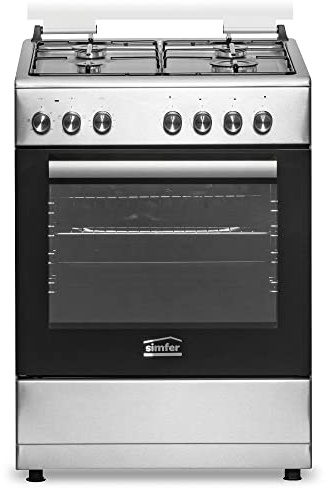 Simfer FS 6031-2 Edelstahl, 60 cm Standherd, Gaskochfeld mit Elektro-Backofen, 66 Liter Garraum, Grillfunktion, Seitengitter, Mechanischer Timer, Elektrische Taktfunkenzündung