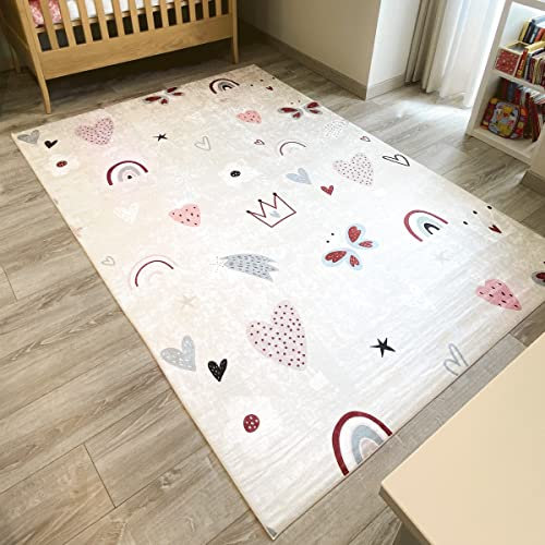 Nazar Kinderteppich für Kinderzimmer, Babyteppich, für Mädchen und Jungen, Motiv Dinosaurier, Weltkarte und Tiere (745 rosa, 80x150 cm)