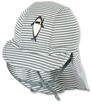 Sterntaler Schirmmütze Hai – UV-Schutz 50+ Baby Mütze mit Nackenschutz & Bindeband – Sonnenmütze aus Seersucker mit Hai-Druck – Bademode für Schwimmbad und Strand, mattgrün, Größe 45