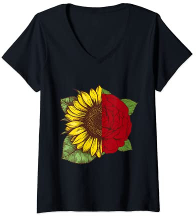Damen Sunflower Mixed Roses T-Shirt Geschenk Damen T-Shirt mit V-Ausschnitt