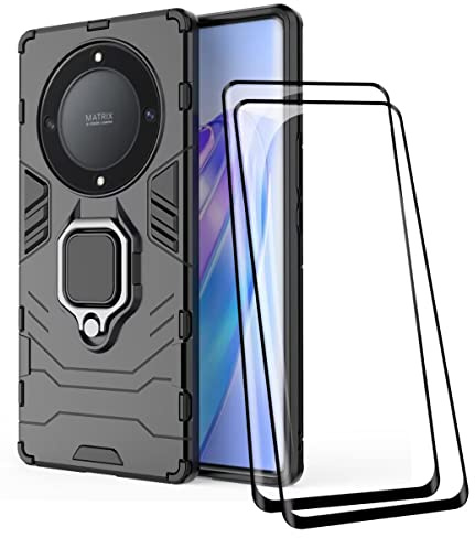 COMAKU Ultra Panzerhülle für Honor Magic5 Lite 5G/Magic 5 Lite, TPU+PC StoßFest Hülle mit Ring Ständer [mit 2 Stück Panzerglas Displayschutzfolie ] - Schwarz