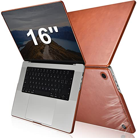 Hülle für Leder MacBook Pro 16 2021 A2485 Lederhülle, ICARERFAMILY Premium Ultra Slim Leder-Schutzgehäuse Case Cover für Apple MacBook Pro 16 2021 A2485,[Stoßfestung] Wärmeabgabe-Braun