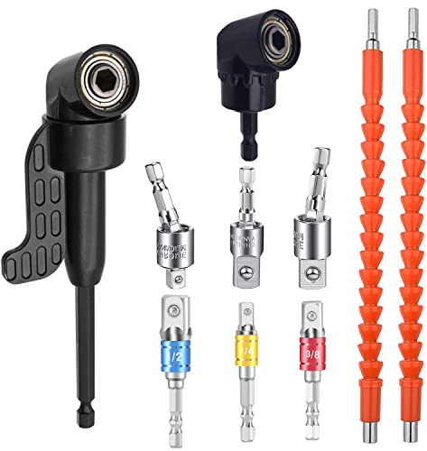 10 Piezas Extensor para Brocas Kit, Adaptador para Destornillador Angular de 105°, 1/4, 3/8, 1/2 Llaves de Vaso para Taladro, Adaptadores de Broca Cardán, Extensor Flexible, Accesorios Taladro