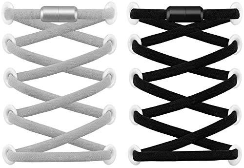 RJ-Sport (2 Paar Elastische Schnürsenkel mit Schnellverschluss - Schnellschnürsystem für Einzigartigen Komfort und Starken Halt - mit Metallkapseln ohne binden (Schwarz+Grau)