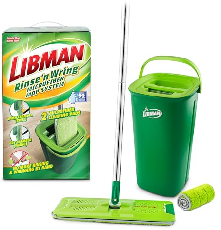 Libman Rinse 'n Wring Mop and Bucket System | Mopa de Microfibra para Suelos | Limpiador de Suelos de Madera Dura | Mopa húmeda y Seca | Cámaras de Agua Limpia y Sucia | Cuchillas de Goma | 2