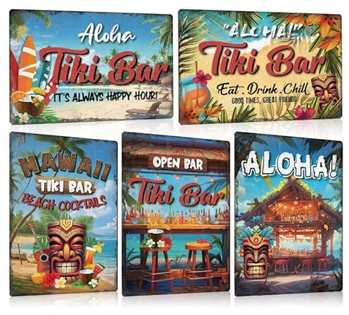 5er Set Retro Blechschild Tiki Bar - Hawaii Beach Cocktails Metallschild 20x30cm - ALOHA - Schild mit Spuch Lustig Witziger Deko Geschenk