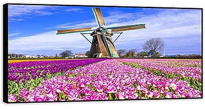 CSGWLAT Quadri Paesaggio su Tela,Mulino a vento di fiori rosa,Stampa Natura su Tela,Incorniciato Paesaggi Poster,Quadro Moderno Soggiorno Pronto da Appendere 20x40cm-8x16in Cornice Nera