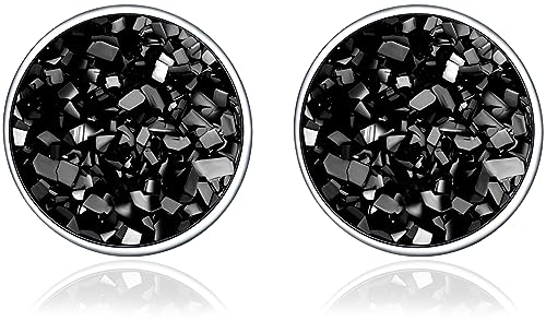 Runde Ohrringe Ohrstecker für Damen - 925 Sterling Silber Ohrringe mit schwarzen Zirkonia, Böhmisches Ohrring Schwarzer Glitzernder Runder Flacher Ohrstecker, Geschenk für Frauen Mädchen