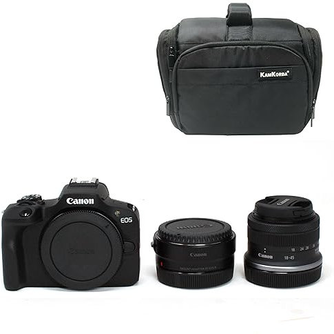 KamKorda Camera Bag + R Mount Adapter + R100 Mirrorless Camera + RF-S 18-45 f/4.5-6.3 IS STM Lens, 24.1MP APS-C CMOS Sensor, 4K Video + 2 Year Warranty