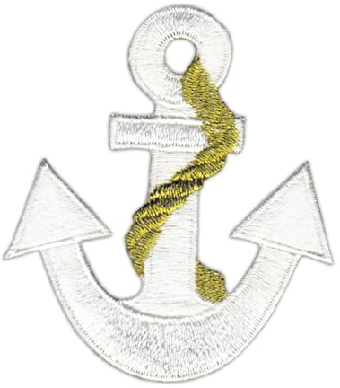 Anker Weiß Gold Aufnäher zum aufbügeln oder aufnähen Bügelbild Aufbügler für Kleidung gestickter Bügelpatch Applikation Seefahrt Rockabilly Patch Größe 6,0 x 7,0 cm