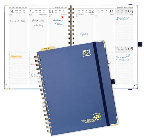 POPRUN Kalender 2025 Buchkalender (Aug.2024-Dez.2025) Ringbuch mit Hardcover, ca. A4 (25,5 x 20,5 cm), 17-Monate-Terminplaner, Wochenplaner 2025 mit Plastiklineal - Marineblau