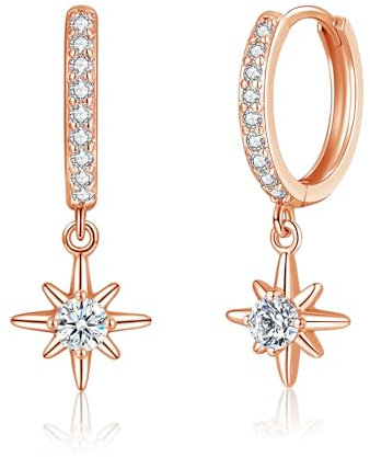 Loutade Silver Drop Hoop Earrings for Women, 925 Sterling Silver Star Dangle Hoop Earrings, CZ Drop Huggie Cartilage Rose Gold Sleeper Earrings, Dainty Rose Gold Hoop Earrings with Star Dangling
