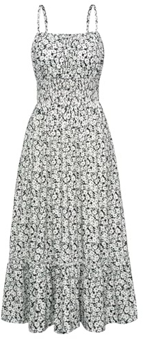Women Dresses Boho Maxi Dress Spaghetti Strap Sleeveless Tiered A Line Ruffle Hem Long Dress with Pockets Black White Floral S