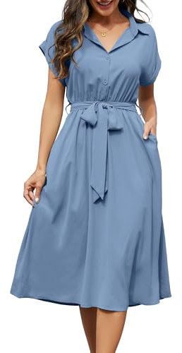 Cassiecy Sommerkleid Damen Knielang Kurzarm Blusenkleid Elegant V-Ausschnitt Midikleid Casual Wickelkleid Strandkleid mit Taschen（XL,Blau）