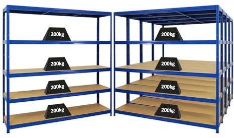 PROREGAL Mega Deal 5er-Set Schwerlastregal Giant Elephant 180x180x45cm mit 5 Ebenen Fachlast 200kg Blau, Kellerregal, Steckregal, Garagenregal, Lagerregal