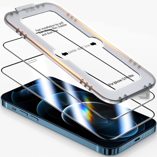 Kuteja 2 Pack for iPhone 12 Pro Max 6.7 inch Tempered Glass Screen Protector, Auto Dust-Elimination Installation Tool, [Military-Grade Protection] Full Coverage, No Bubbles/No Dust