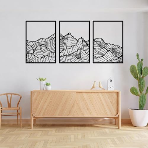 ruelen 3 Stück Strichzeichnung Berge Metall Wanddeko, Schwarzer Minimalistische Wanddekoration, Rustikale Natur Zuhause Wandkunst Skulptur Für Schlafzimmer Wohnzimmer Flur Küche Büro