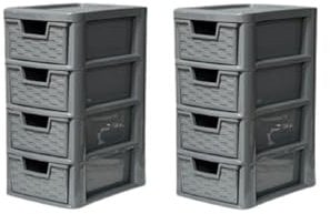Storage Drawer Unit 4 Tier-2 Pack | S/Mini Rattan Grey Plastic Chest Tower Cabinet Trolley |Tabletop Desktop Organizer Crafts Files Home Kids Bedroom Kitchen Office School | 26 D x 19 W x 38 H cm