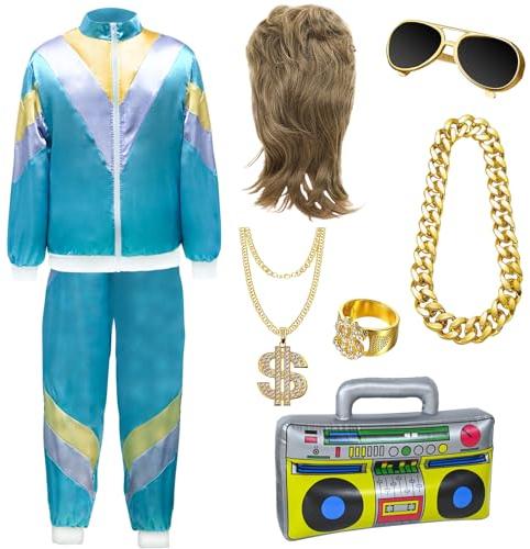FORMIZON 80er Jahre Outfit Herren Damen, 8 in 1 Vokuhila Set mit Assi Perücke, 80er Outfit für Fasching Karneval, 80er Trainingsanzug mit Aufblasbares Radio, Sonnenbrille Dollar Ring Halskette (XXL)