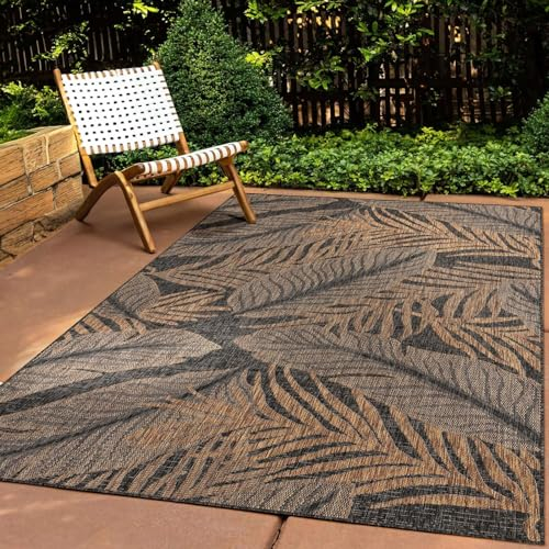 In & Outdoor Teppich Wetterfest Wohnzimmer Balkon Küchenteppich Terrassenteppich Flachgewebe Sisaloptik mit Muster blätter schwarz 300x400 cm