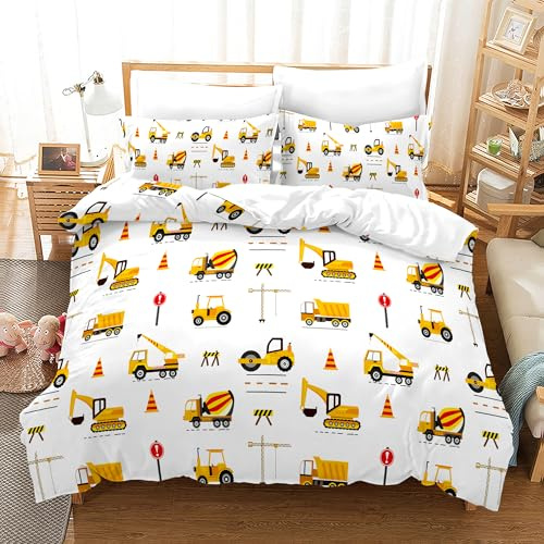 JLCZBT Set di biancheria da letto per bambini, 135 x 200 cm, motivo pala meccanica, trattore e automobili, design cartone animato 3D, set di biancheria da letto per bambini e bambine con federa (A-2