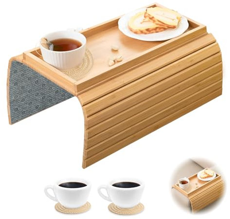 Bandeja de Brazo para Sofá con Alfombrillas para Tazas, Bandeja para Reposabrazos de Sofá Plegable, Mesa de Brazo de Sofá Bandeja de Sofá de Madera Antideslizante para Aperitivos, Mando, Tazas