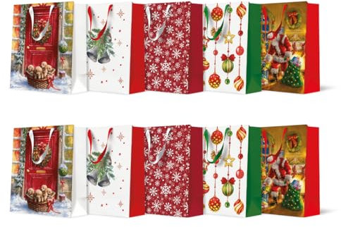 PAW - Weihnachtstüten 25 x 20 x 10cm - 10 Stück | Mix aus 5 Designs | Geschenktaschen mit Stoffhenkel | Weihnachtsgeschenktüten | Elegante Weihnachtstaschen für Geschenke | Geschenktüten