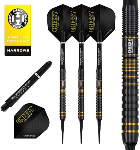 Harrows Dave Chisnall Chizzy Serie 3 Spieler-Dart-Set | Professionelle Darts 90% Wolfram Soft-Tip | Alle Gewichte Pro Darts | 10-teiliges Set mit Supergrip Carbon Midi Schäften (18g)