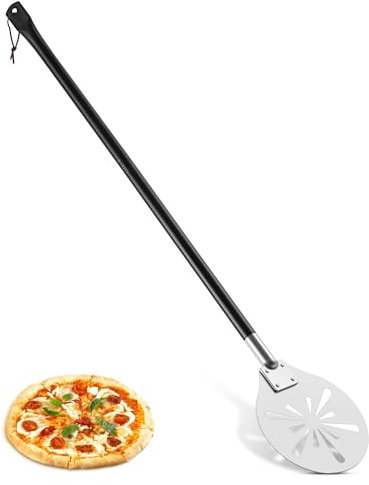 Joyfair Pizzaschieber Perforierter, 17,8cm Edelstahl Rund Metall Pizzaschaufel, Pizzawender mit 89,2cm Abnehmbaren Langer Griff, Pizzaheber für Hausgemachtes Pizza, Brot, Kuchen, Leicht zu Reinigen
