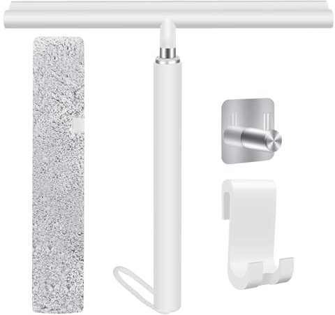 Pavlleen Raclette de Douche, Raclette Douche Sol avec 120cm Télescopique Manche, Raclette à Vitres Blanc, Microfibres, Raclette Salle De Bain Douche avec Support pour Vitre de Voiture,Miroir (Blanc)