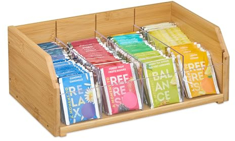 Relaxdays Tee Organizer, 4 Fächer, Bambus, HBT: 12x31x19 cm, Tee & Kaffeepads, Teebeutelbehälter mit Trennwänden, Natur