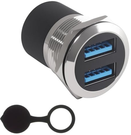 Duttek Dual Ports USB 3.0 Female to Female Panel Mount Coupler, IP67 USB Pass Through Connector Bulkhead Extension Adapter with Water/Dustcap, supportData Transfer and Charging (Silver)