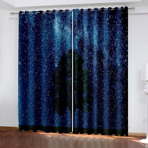 Epinki Ösenschal Blickdicht, Gardinen mit Sternenhimmel Baum Muster, Thermovorhänge Kälteschutz Schallschutz, Schwarz Dunkelblau, H138 x B86 cm(2er Pack)