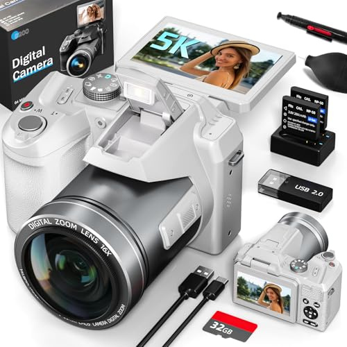 Fotocamera digitale professionale da 64 MP per autofocus, fotocamera 5K Vlogging per YouTube, fotocamera da viaggio compatta anti-shake con WiFi e controllo app, flash, scheda SD, 2 batterie (bianco)