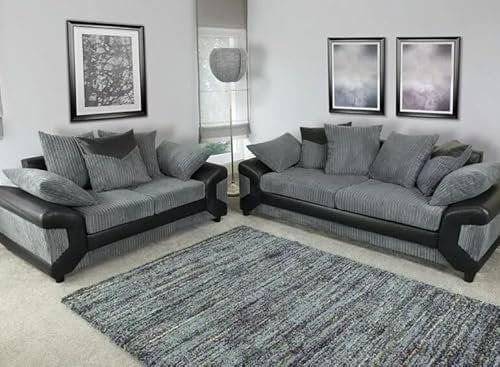 Jumbo Cord Sofa Set | Grey Cord Black Leather Trim | 3+2 Seater Living Room Suite