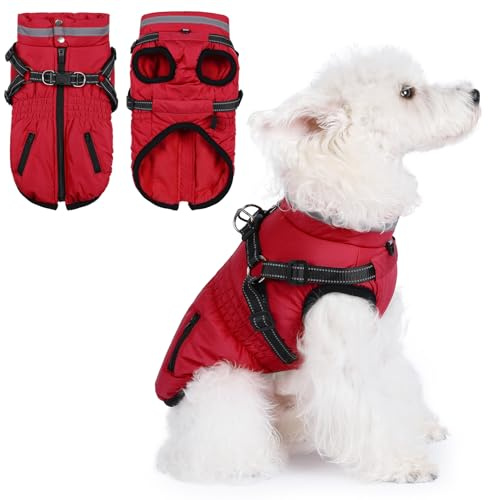 Savlot Hundemantel mit Geschirr wasserdichte Hundejacke, Gepolsterte Hundeweste Reflektierende Hundekleidung mit Reißverschluss