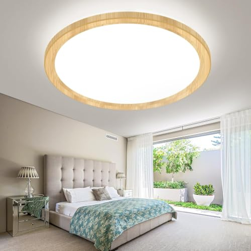 slochi LED Deckenleuchte 29CM 24W 2400LM, 3 Farben Deckenlampe 3000K/4500K/6500K, Flach Rund Holz Badezimmer Lampe Wasserfest, Badlampe Decke für Küche Wohnzimmer Schlafzimmer